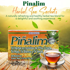 Close-up of Piñalim GN VIDA tea bags in a caffeine-free blend