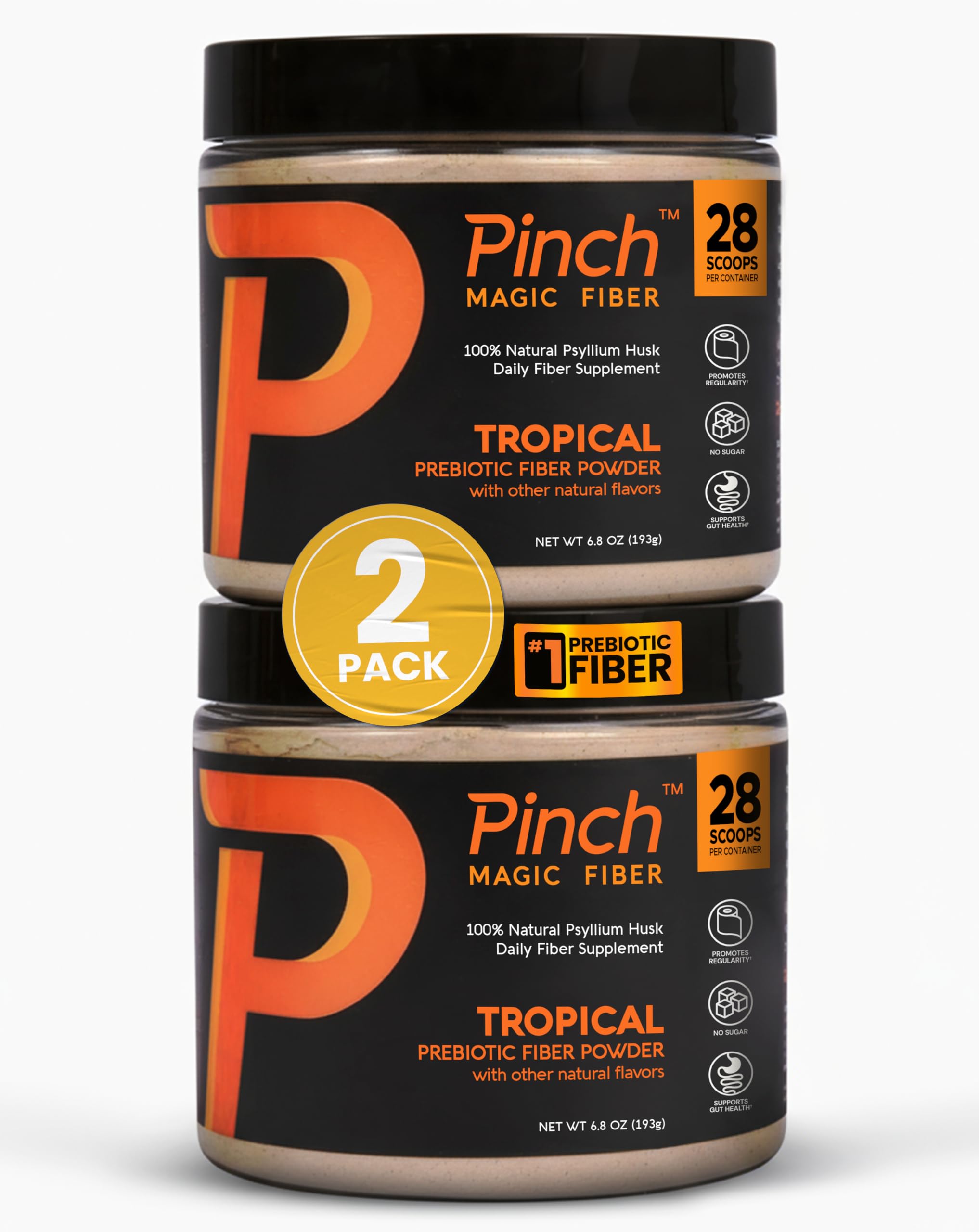 Pinch Magic Fiber Tropical 2-Pack bottle close-up showcases premium psyllium husk
