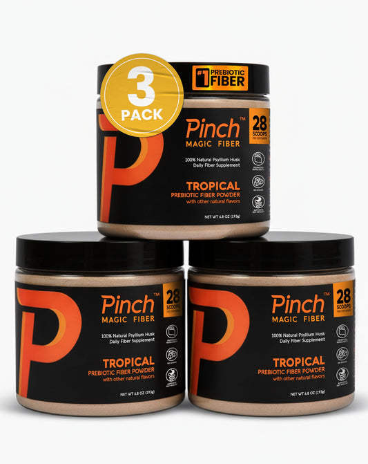 Front view of Pinch Magic Fiber Tropical 3-Pack packaging for daily digestion support.