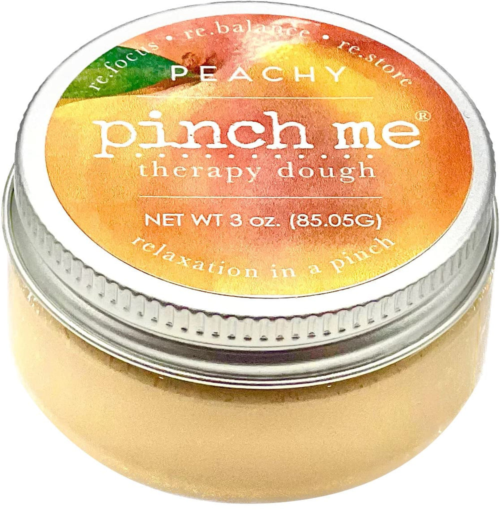 Pinch Me Therapy Dough Peachy label close-up highlighting the fresh aroma for stress relief.