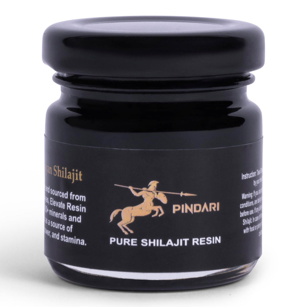Pindari Shilajit resin bottle showing pure 500 mg potency for daily vitality.