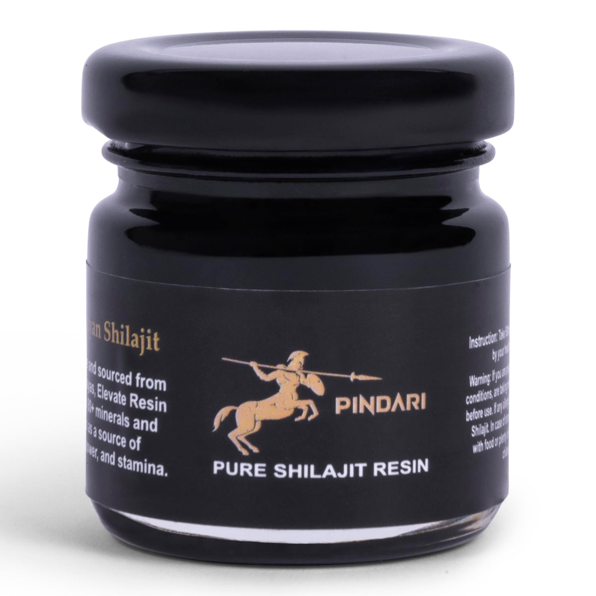 Pindari Shilajit resin bottle showing pure 500 mg potency for daily vitality.