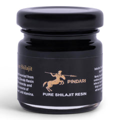 Pindari Shilajit resin bottle showing pure 500 mg potency for daily vitality.