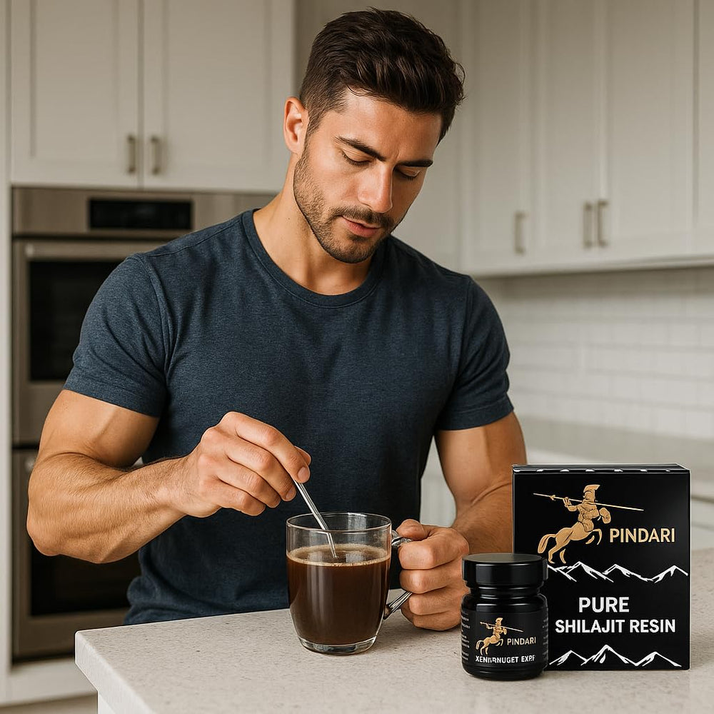 Pindari Shilajit resin dosage spoon shot conveys measured servings.