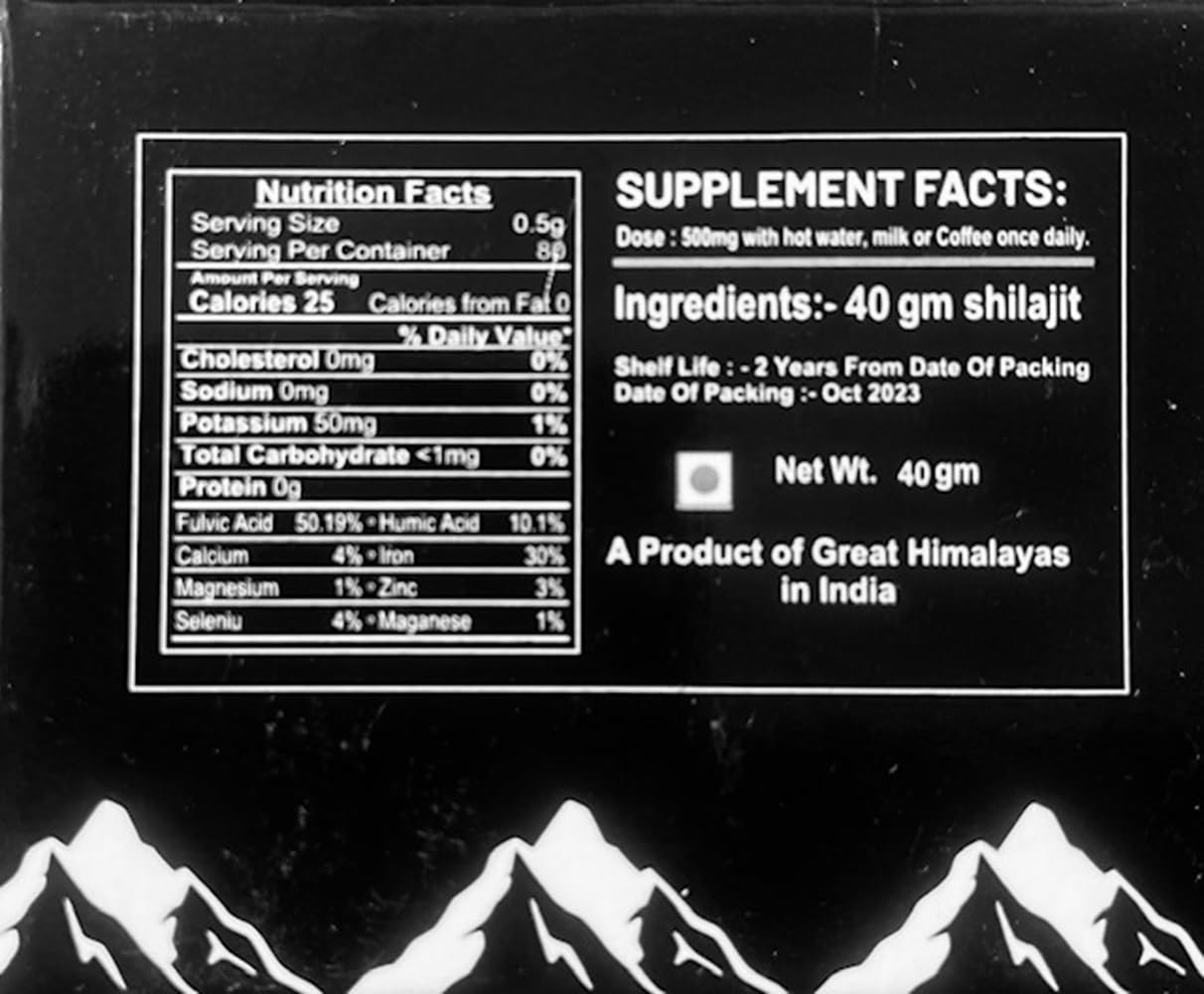 Pindari Shilajit resin vial with label shows ingredients and potency.