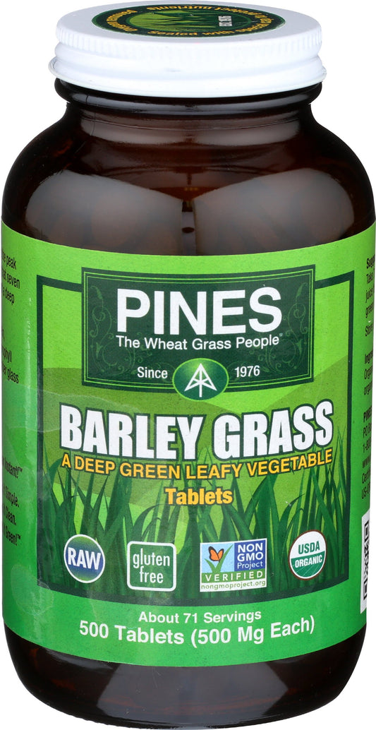Pines Organic Barley Grass bottle label highlighting organic greens and purity