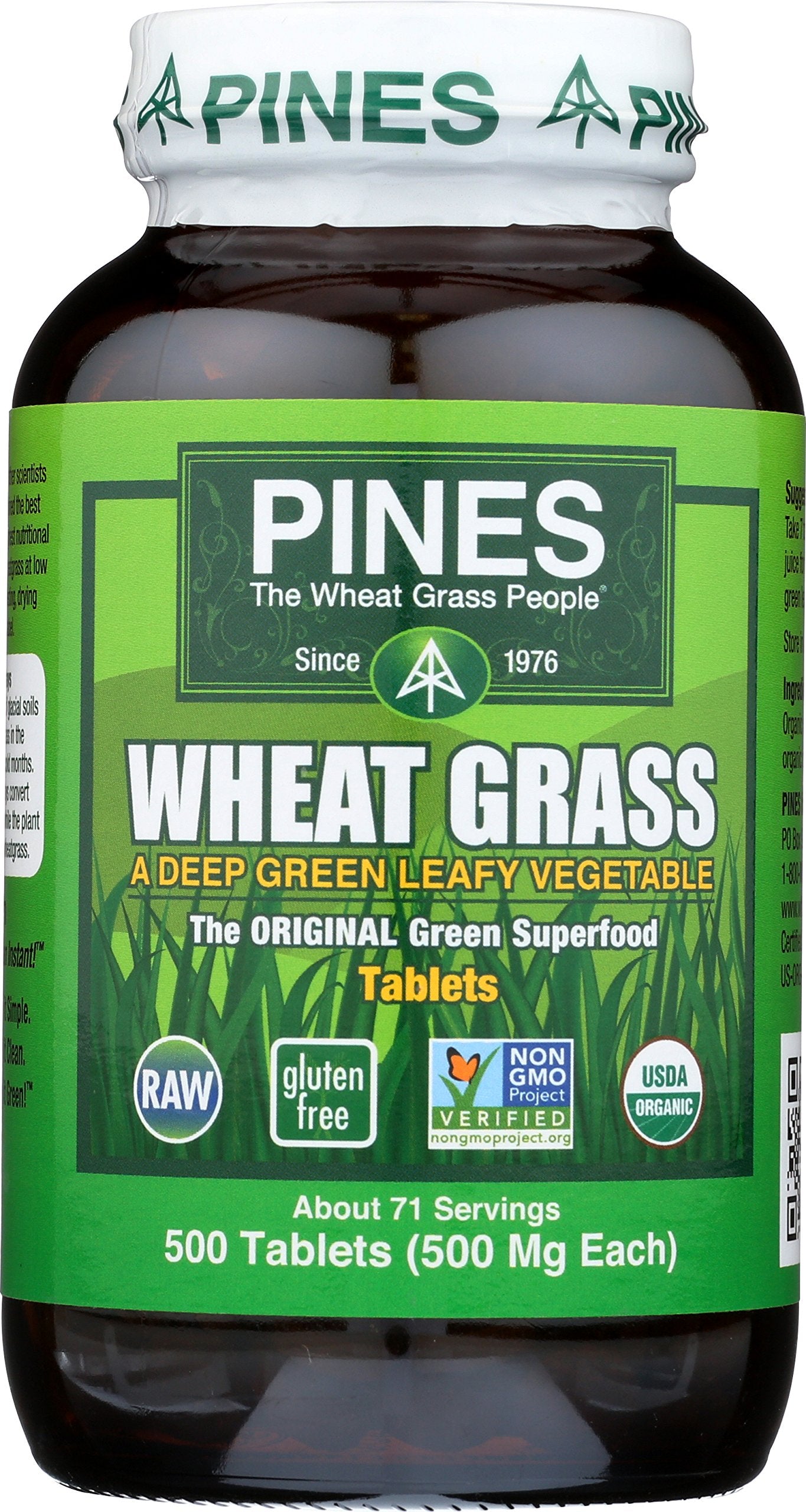 Pines Organic Wheat Grass Tablets bottle, convenient daily greens on display