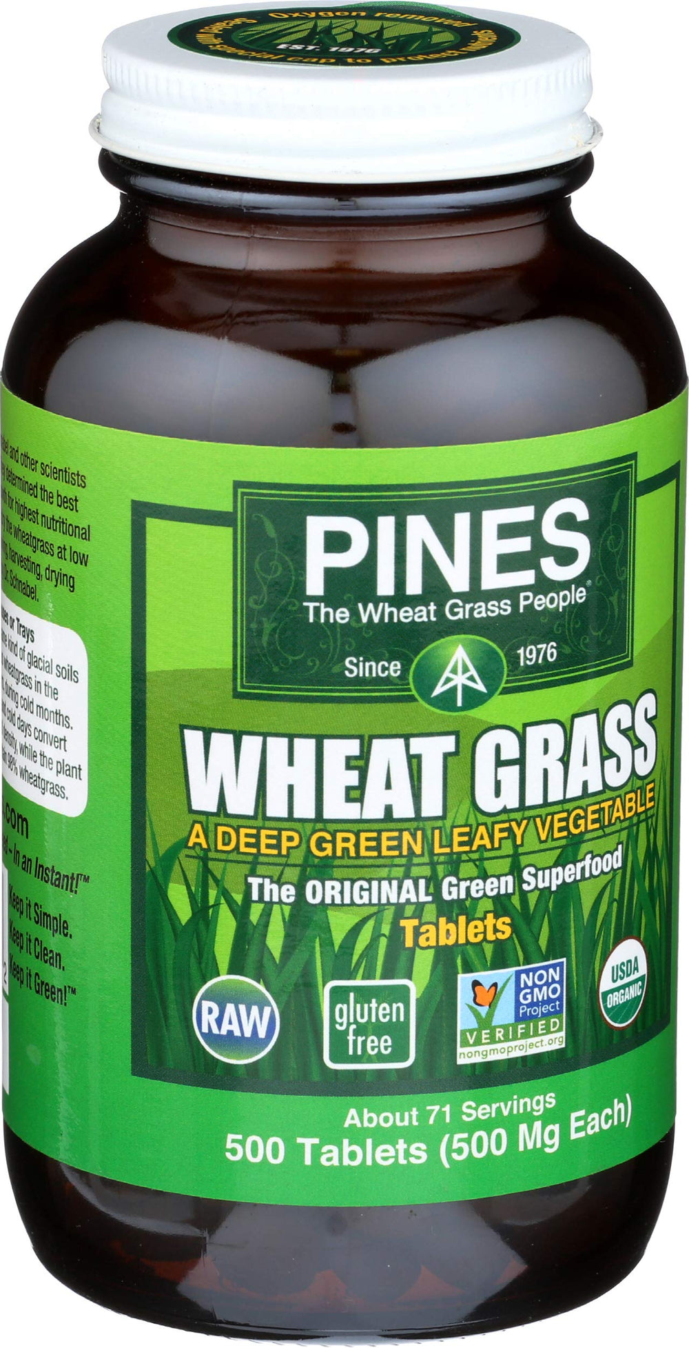 Close-up of Pines tablets, highlighting easy daily green nutrition