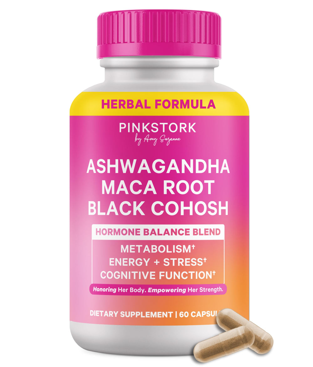 Pink Stork Ashwagandha Maca bottle supports calm energy and balanced mood
