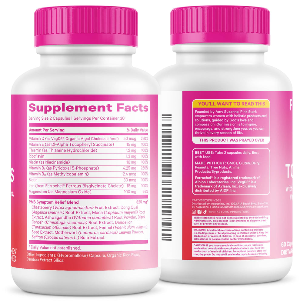 B-complex vitamins and iron in Pink Stork PMS blend.