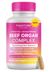 Pink Stork Beef Organ Supplement bottle with capsules for energy support.