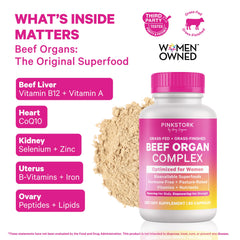 Pink Stork capsules close-up showing grass-fed beef liver ingredients for vitality.