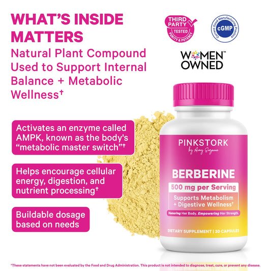Close-up of Pink Stork Berberine capsules showing 500 mg dose