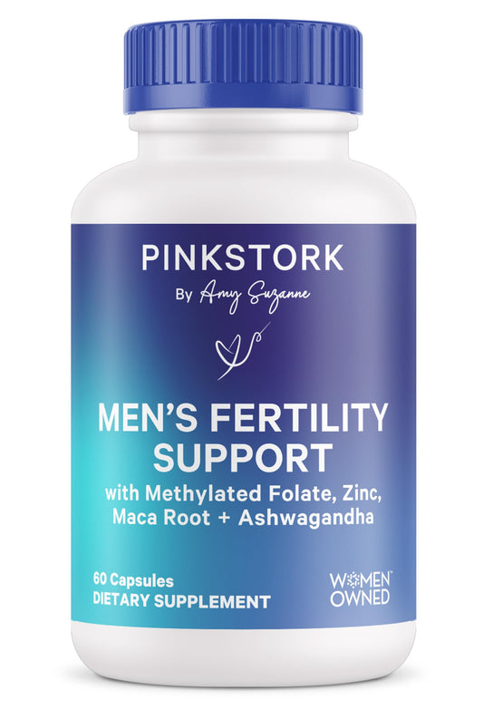 Pink Stork BlueStork bottle with capsules for daily fertility support.