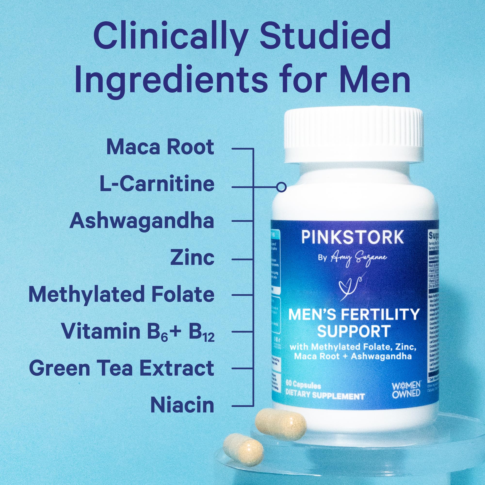 Pink Stork BlueStork capsules close-up for daily fertility support.