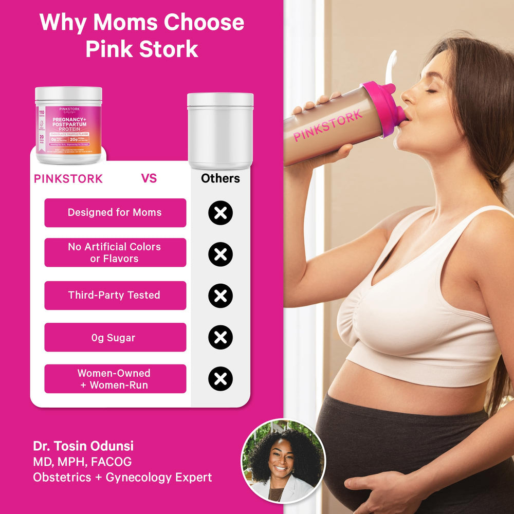 Pink Stork chocolate-protein shake glass conveying rich flavor and quick mixing on-the-go.