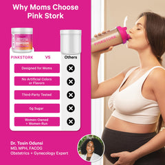 Pink Stork chocolate-protein shake glass conveying rich flavor and quick mixing on-the-go.