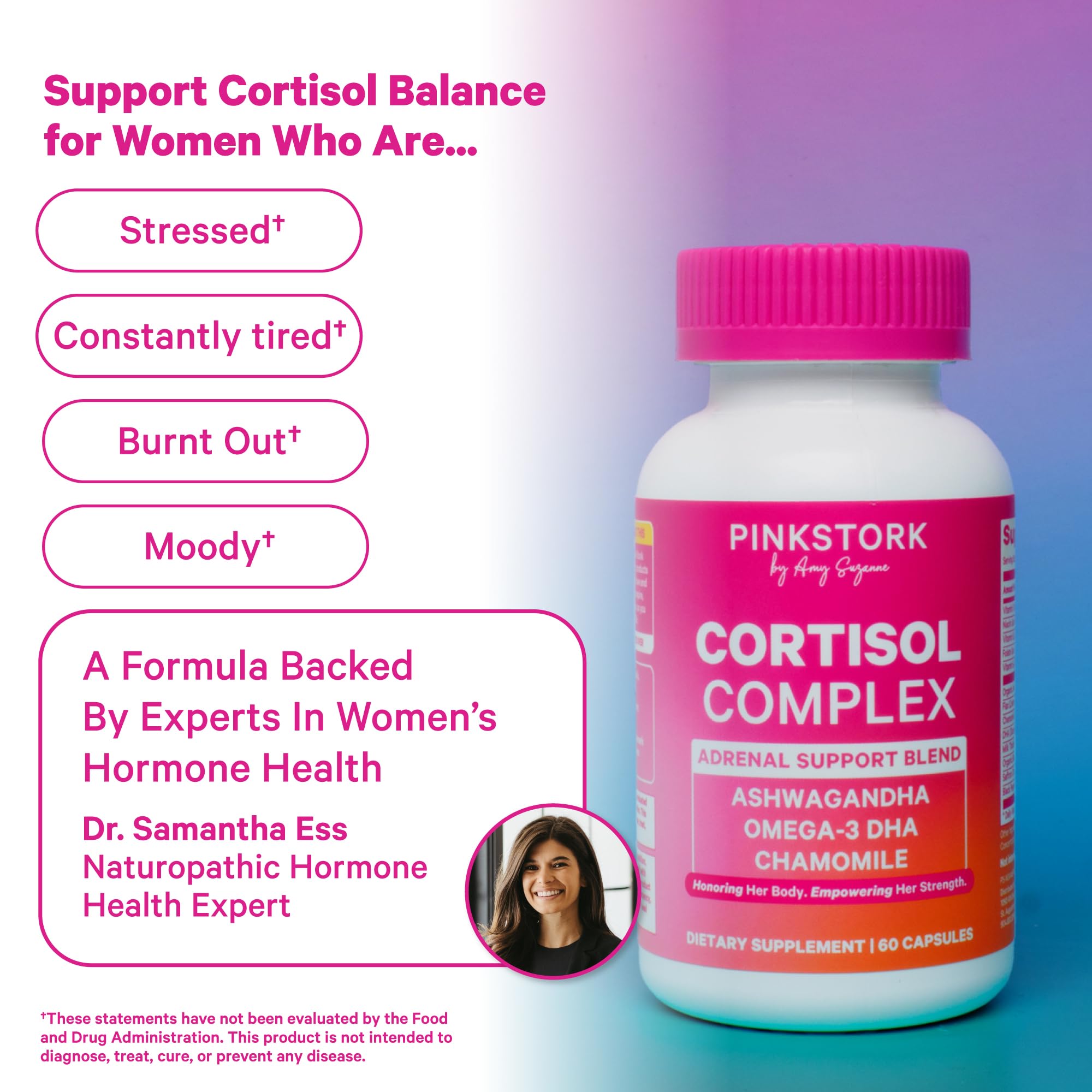 Pink Stork Cortisol capsules closeup for easy daytime use.