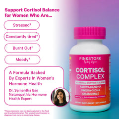 Pink Stork Cortisol capsules closeup for easy daytime use.
