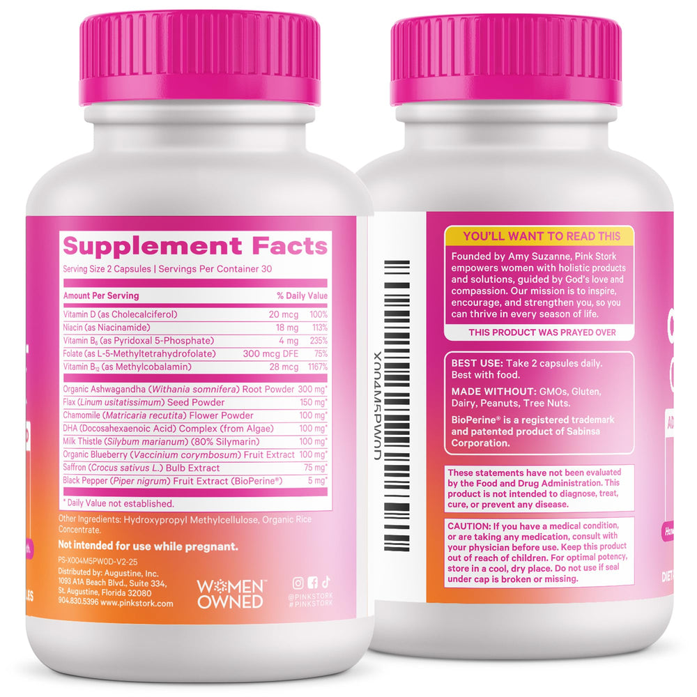 Pink Stork Cortisol gluten-free and dairy-free labeling for allergen-conscious options.