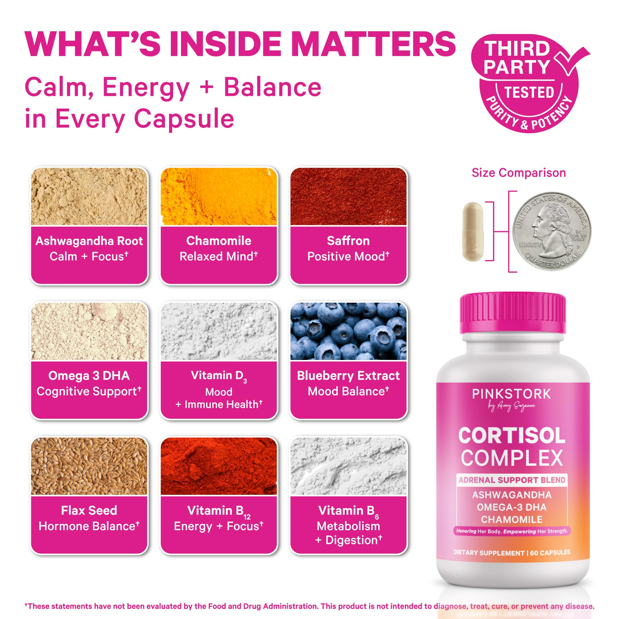 Pink Stork Cortisol bottle back with ingredients and directions for use.