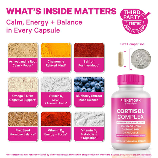 Pink Stork Cortisol bottle back with ingredients and directions for use.