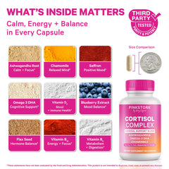Pink Stork Cortisol bottle back with ingredients and directions for use.