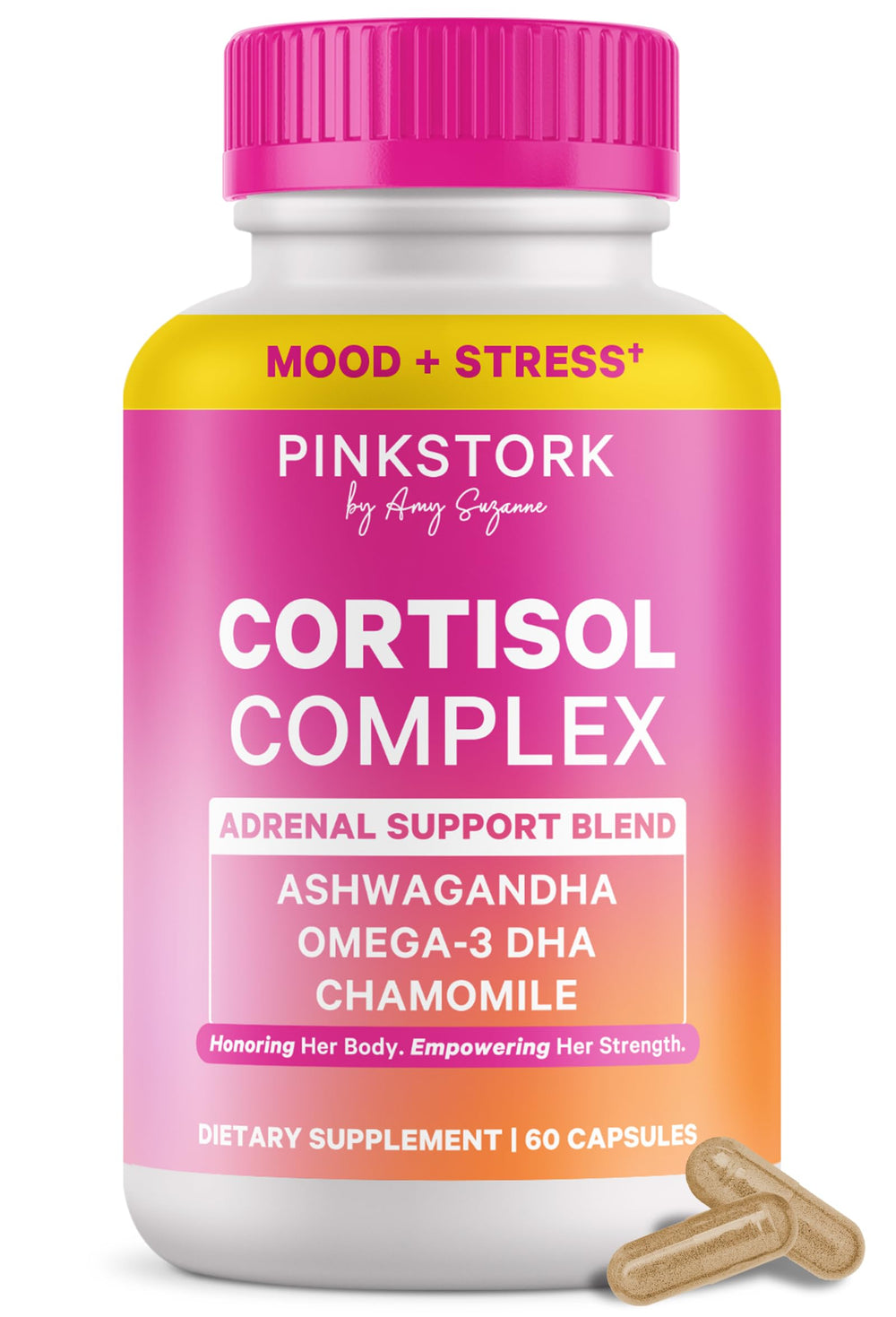 Pink Stork Cortisol bottle front view for daily stress support and routine.