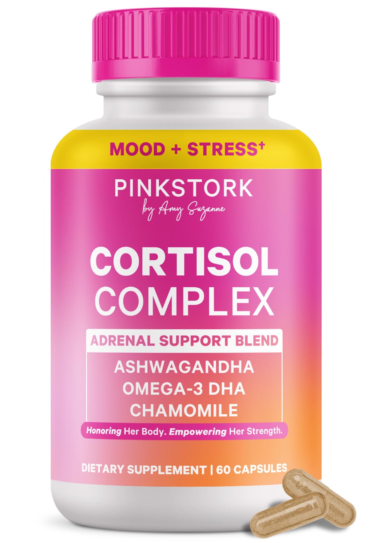 Pink Stork Cortisol bottle front view for daily stress support and routine.