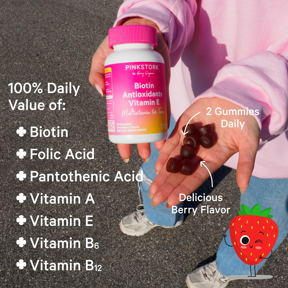 Pink Stork daily ritual setup with vitamins on bathroom counter.