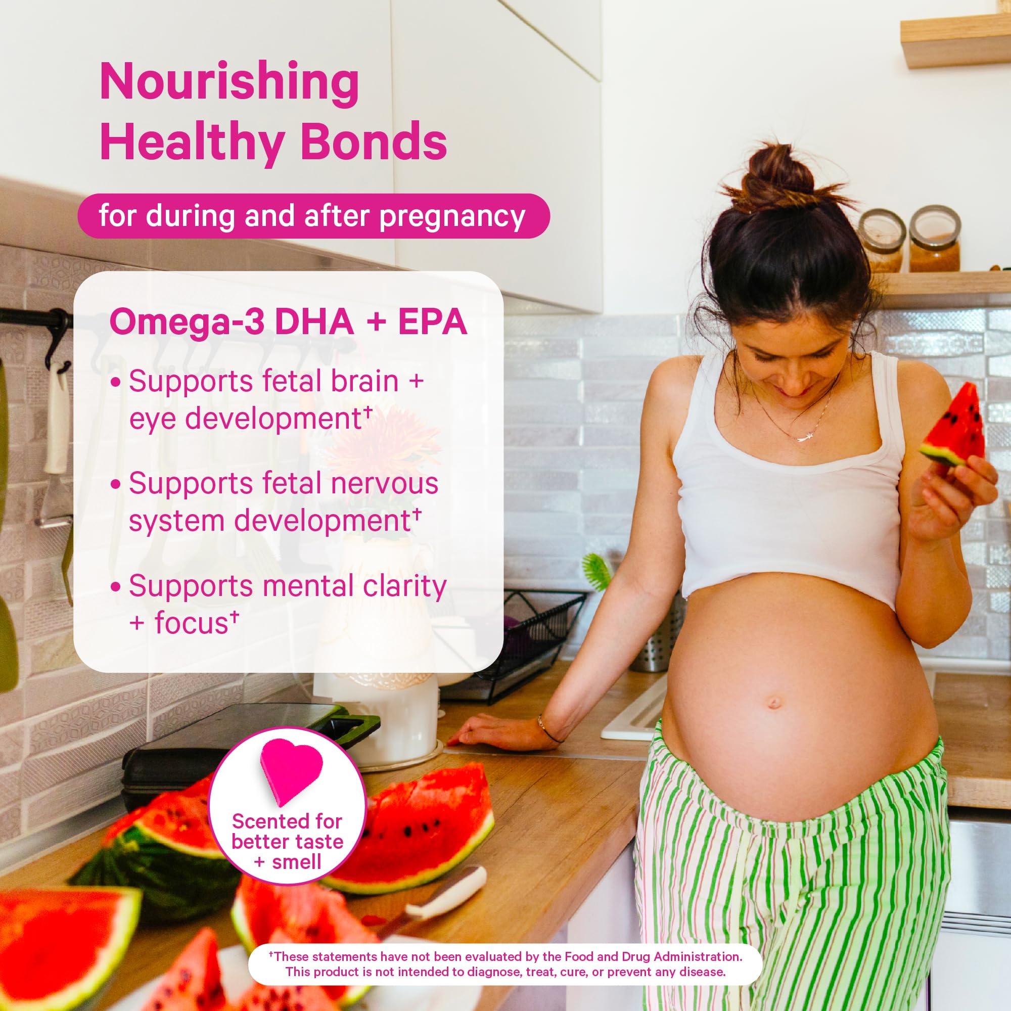 Pink Stork DHA + EPA label close-up highlighting high-quality prenatal fish oil.