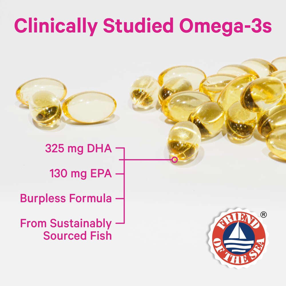 Pink Stork DHA + EPA prenatal packaging close-up showing sustainably sourced fish oil.