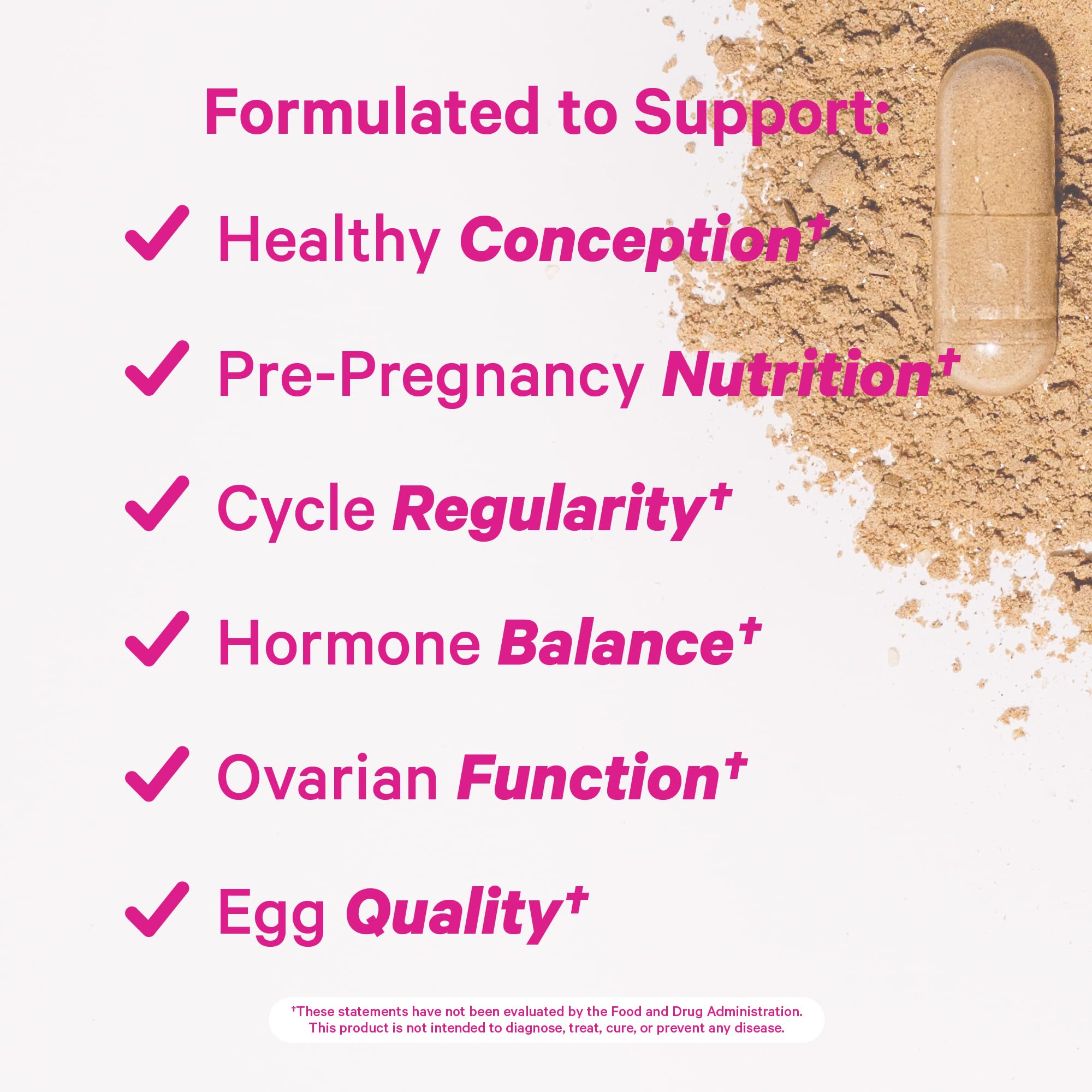 Pink Stork Fertility Support bottle with key nutrients for balance.