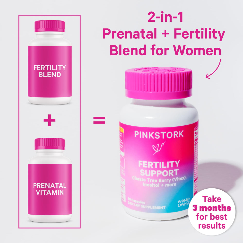 Pink Stork Fertility Bundle bottle close-up with vitamins and minerals.