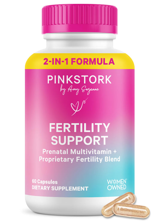 Pink Stork Fertility Support bottle closeup for daily preconception wellness