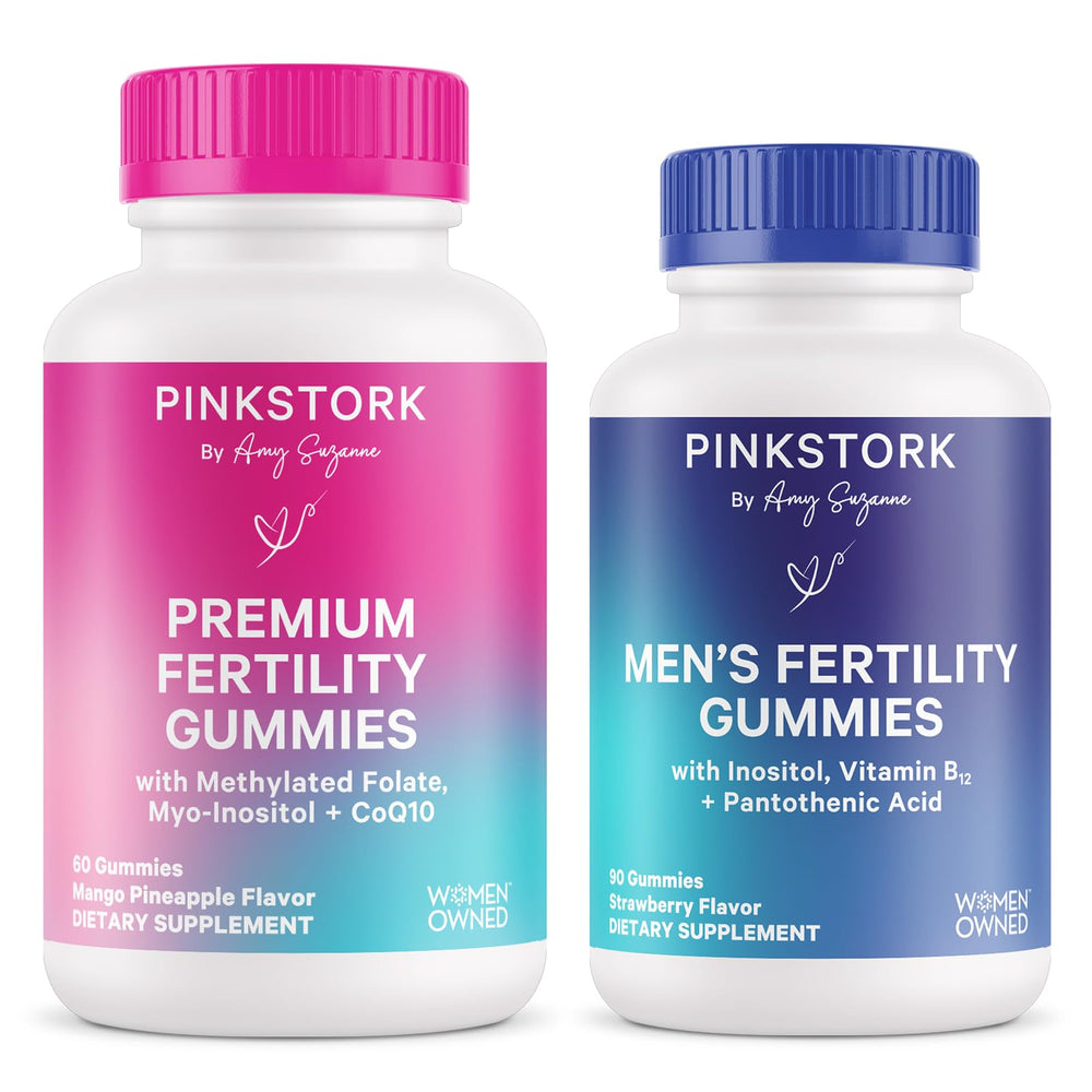 Pink Stork His and Hers Gummies bundle packaging showing dual support for couples