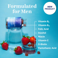 Pink Stork men’s fertility gummies bottle illustrates three daily servings