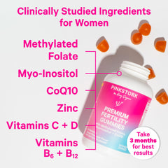 Pink Stork women’s fertility gummies bottle highlights hormone balance and ovarian health