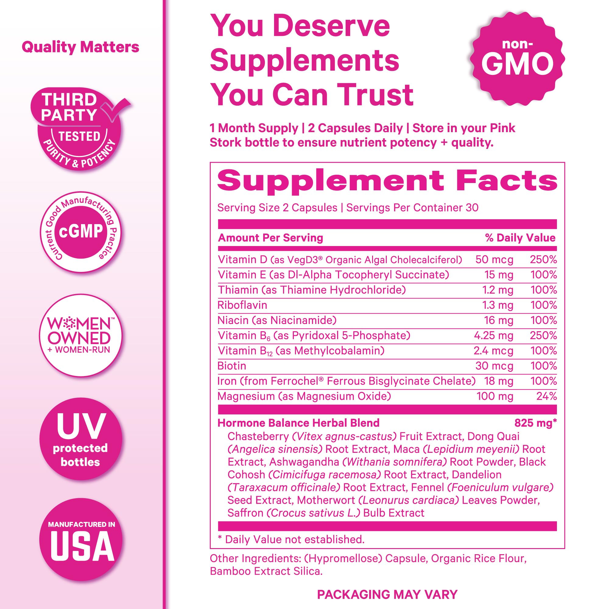 Pink Stork Hormone Balance capsules in bottle convey convenient daily routine.