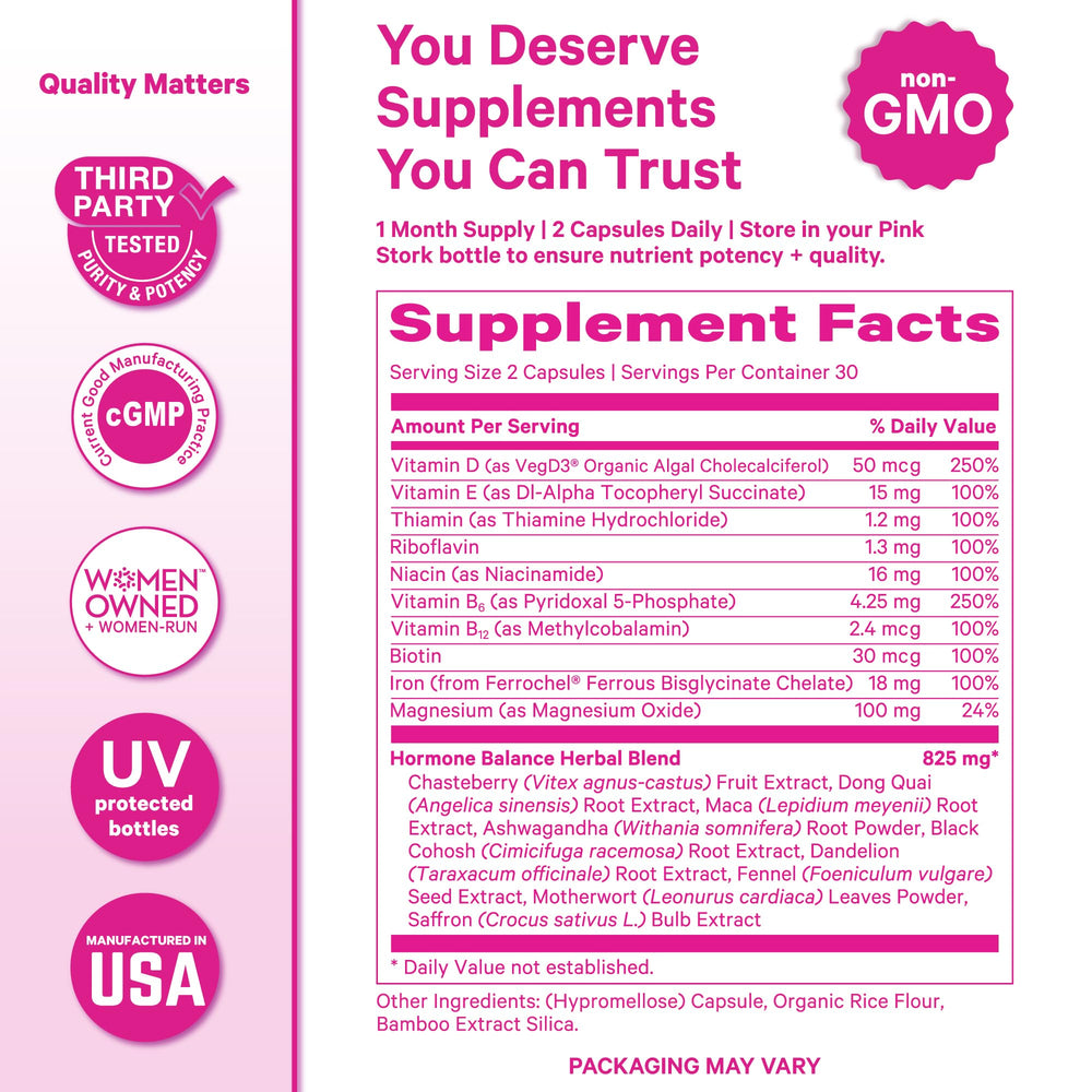 Pink Stork Hormone Balance capsules in bottle convey convenient daily routine.
