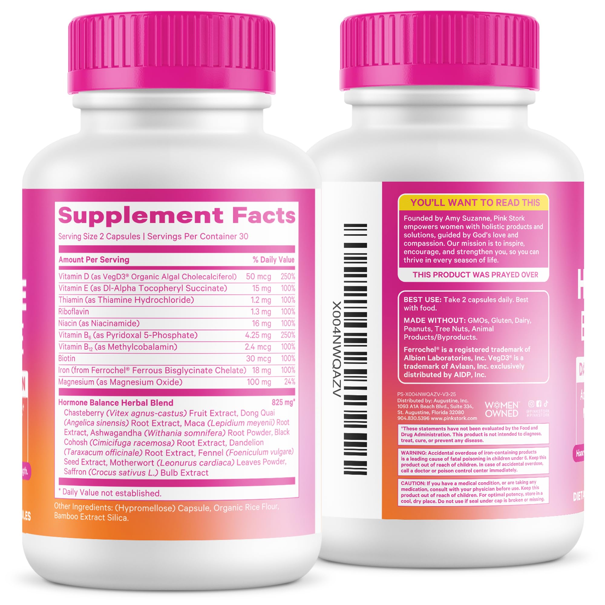 Pink Stork Hormone Balance spill of capsules shows real-life use.