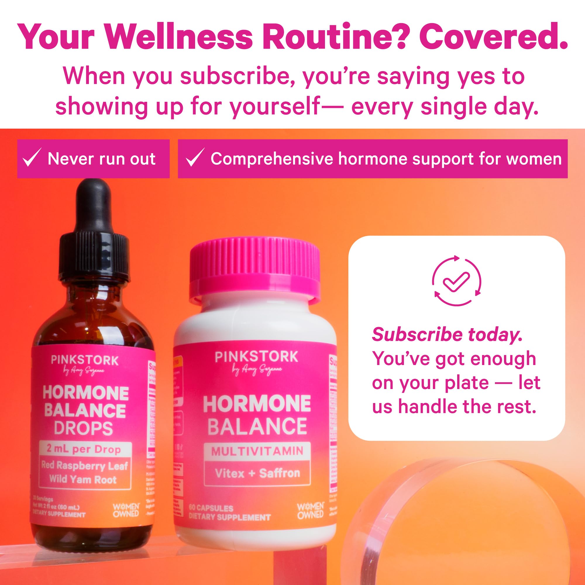 Pink Stork Hormone Balance Drops full packaging reveals 2 oz, 30 servings