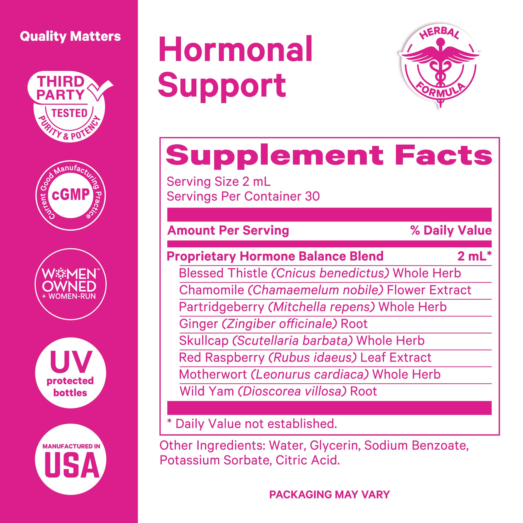 Pink Stork Hormone Balance Drops ingredient illustration shows Red Raspberry Leaf and Wild Yam
