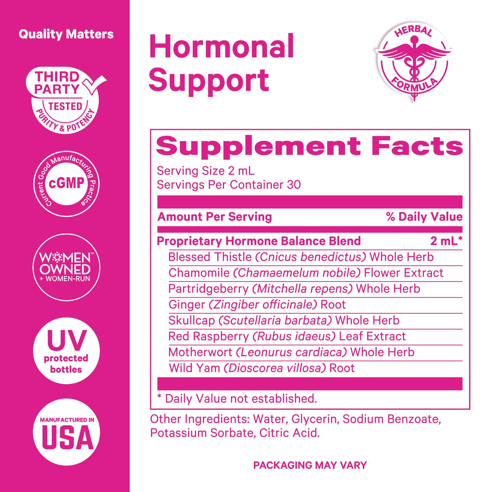 Pink Stork Hormone Balance Drops ingredient illustration shows Red Raspberry Leaf and Wild Yam