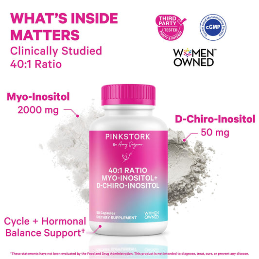 Close-up of Pink Stork Inositol capsules for daily intake