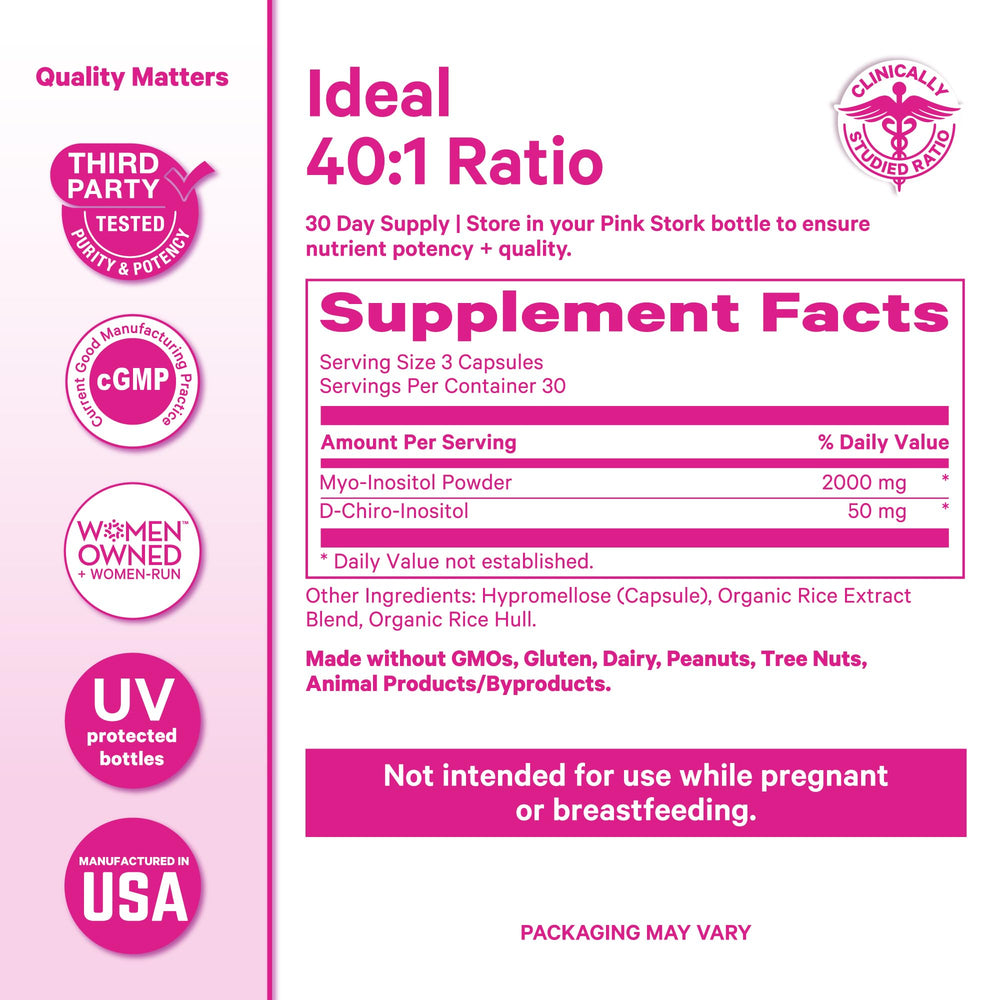 Vegan and gluten-free Pink Stork Inositol formula