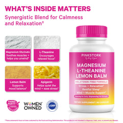 Pink Stork L-Theanine and Lemon Balm capsules for natural calm in the evening.