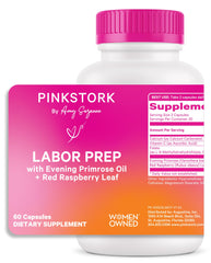 Pink Stork Labor Prep bottle with evening primrose oil capsules for late-pregnancy support.
