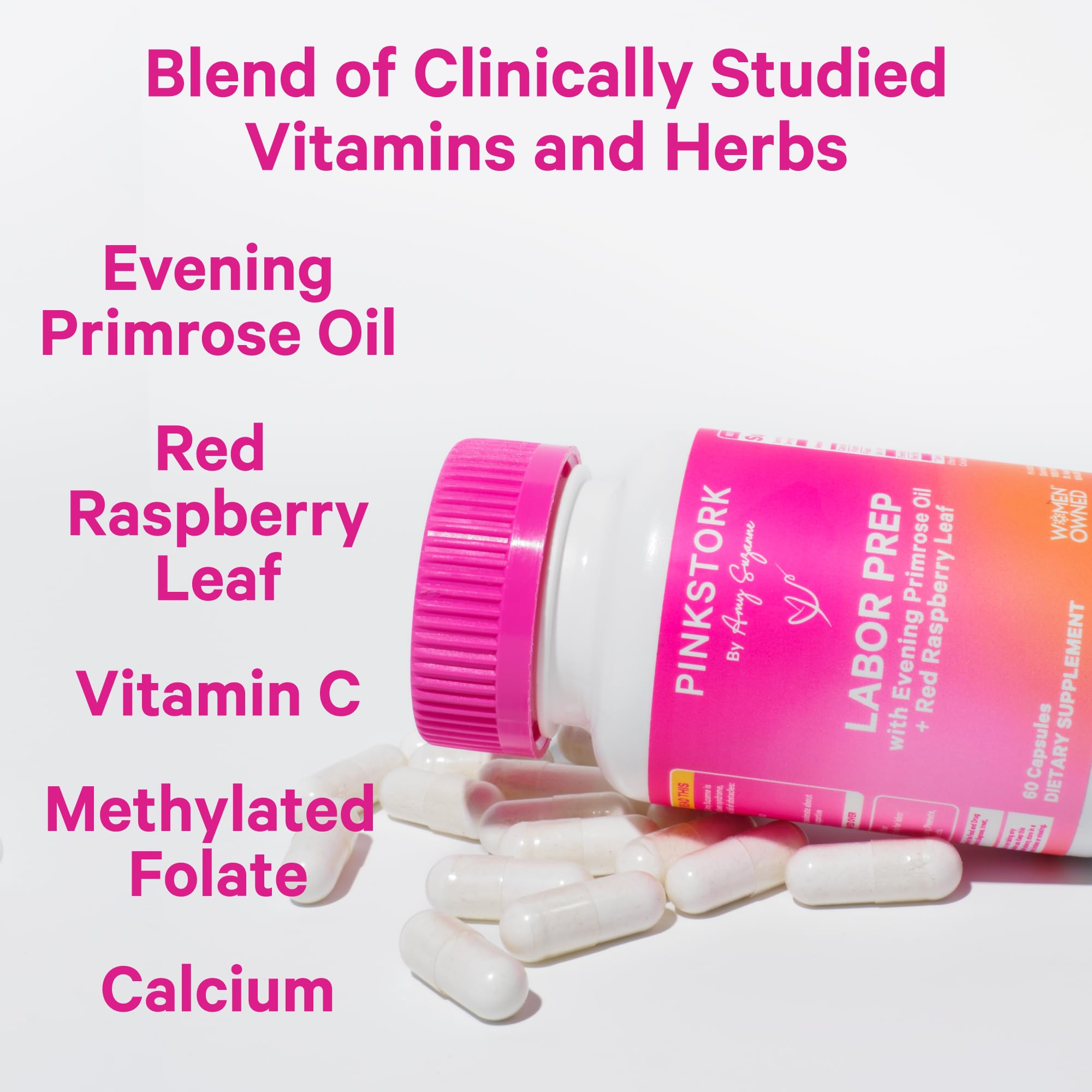 Pink Stork Labor Prep capsules featuring red raspberry leaf for late-pregnancy health.