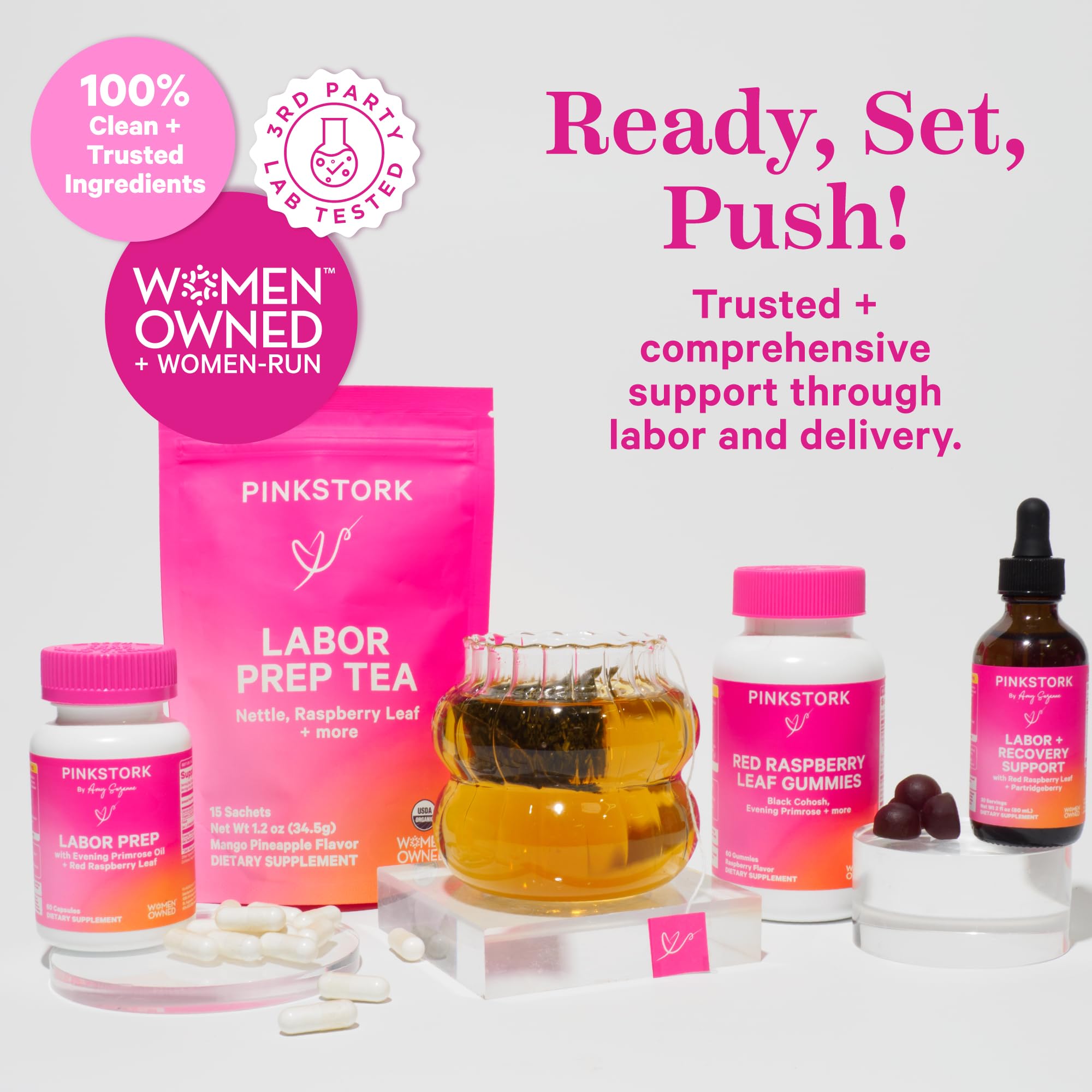 Pink Stork Labor Prep ingredients panel graphic showing nutrient-rich formula.